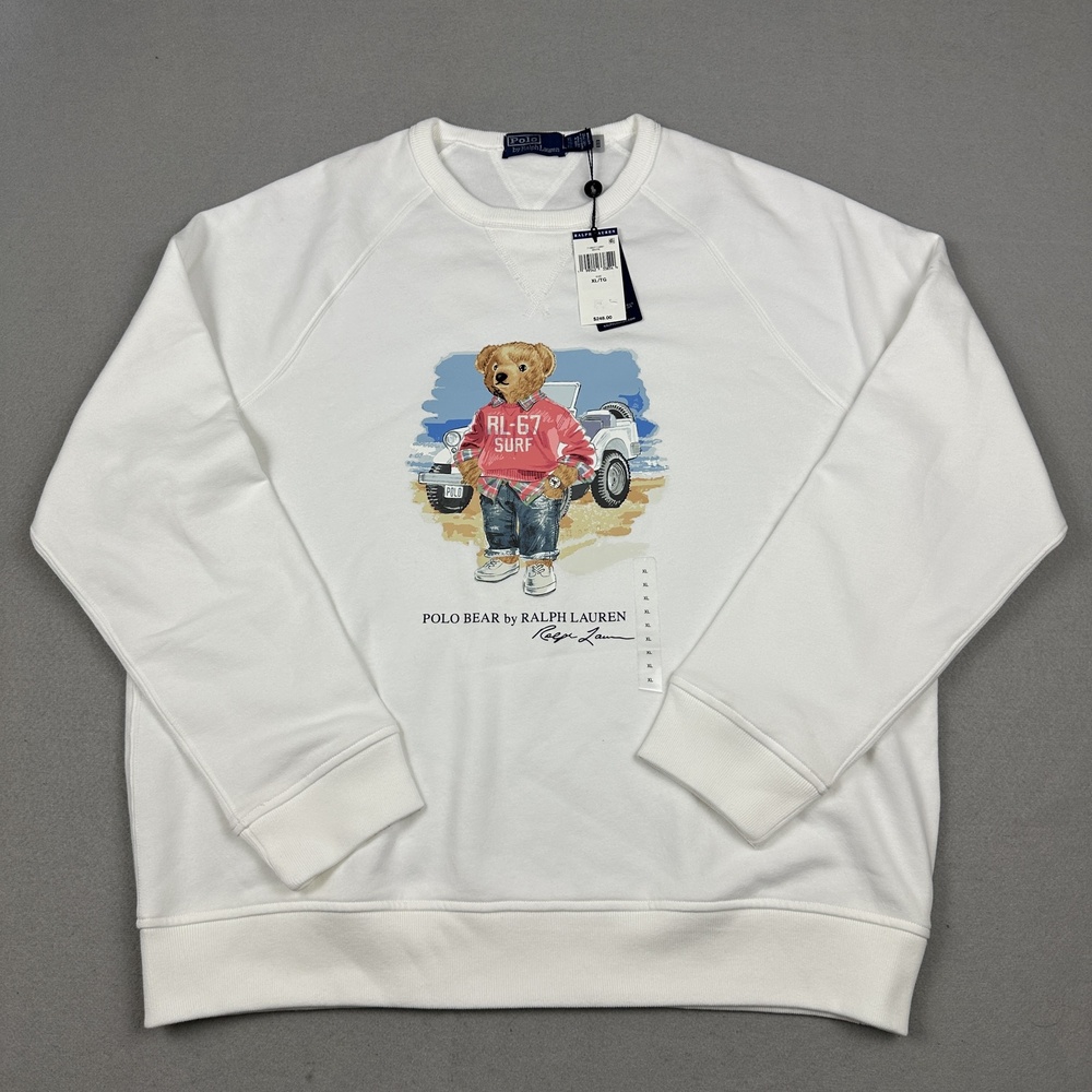 Polo Ralph Lauren Sweater Men XL White Polo Bear Crewneck Fleece Surf XL